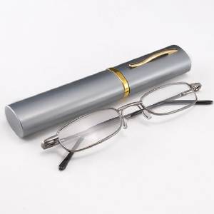 Slim Reading Glasses in a Polished Aluminum Tube Case