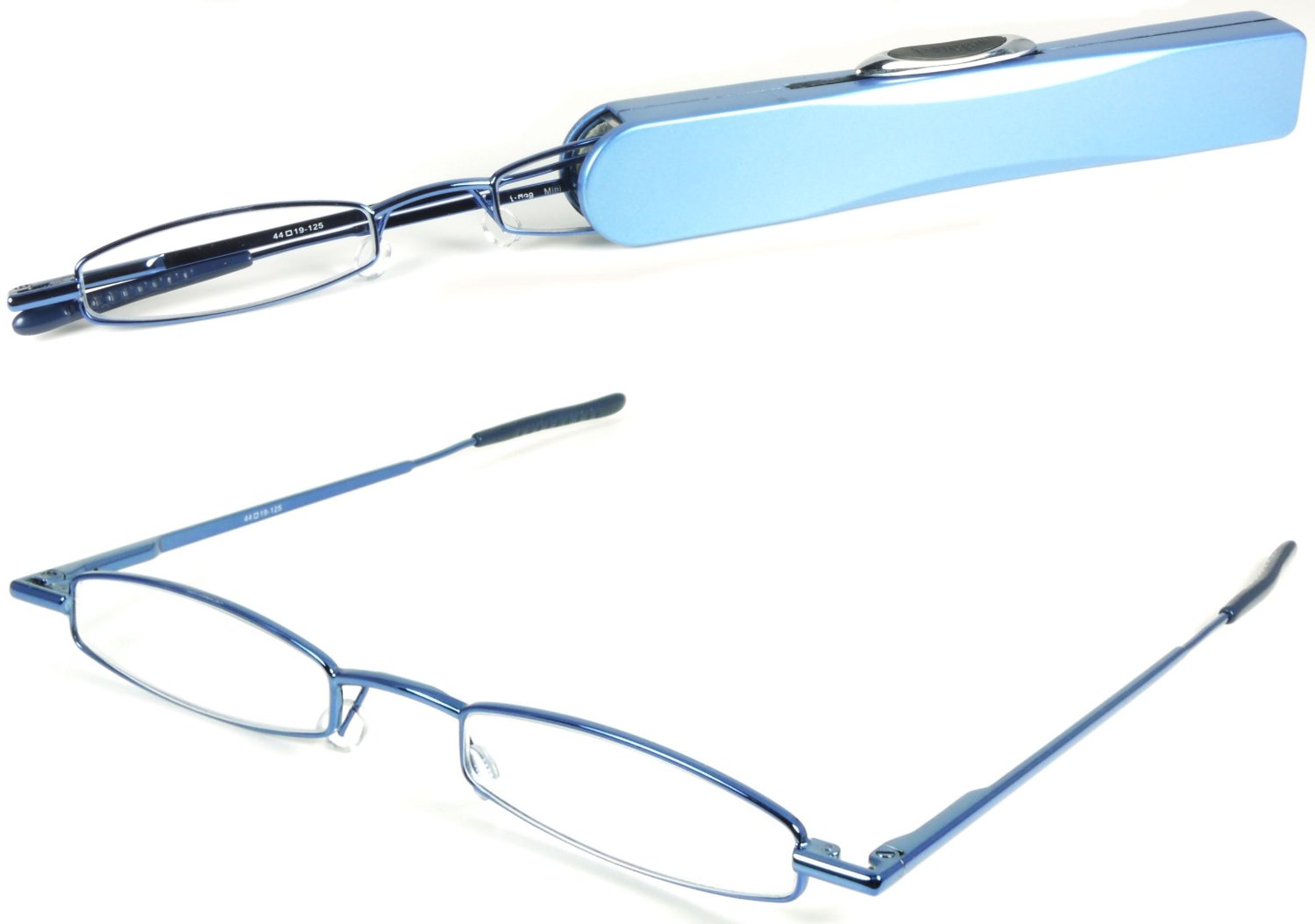 I-Mag Mini Metal Reading Glasses with Spring Hinge and Blue Slide Open Hard Case